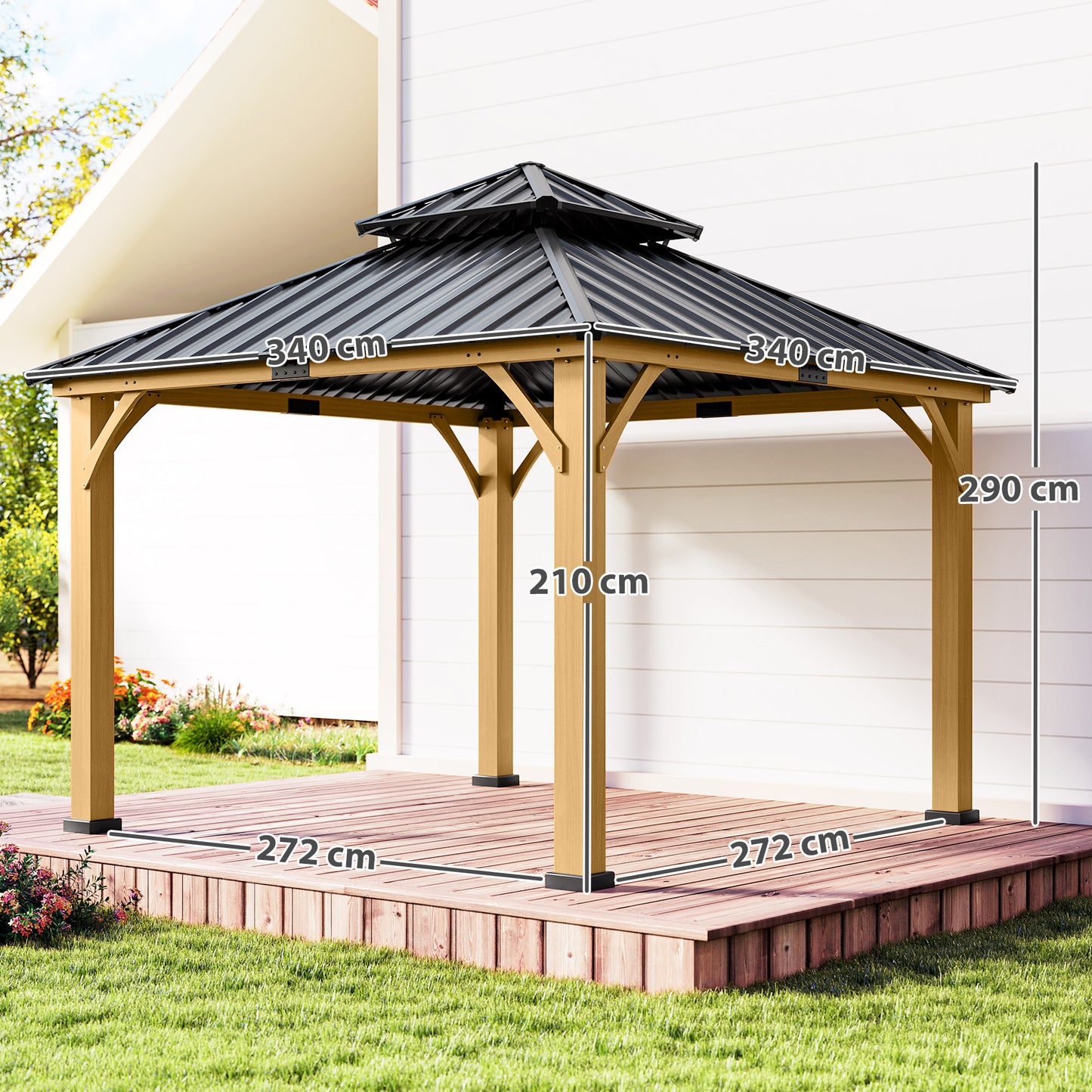 3.5 x 3.5m Outdoor Hardtop Gazebo Canopy with Two-tier Metal Roof and Solid Wood Frame Outdoor Patio Shelter for Patio