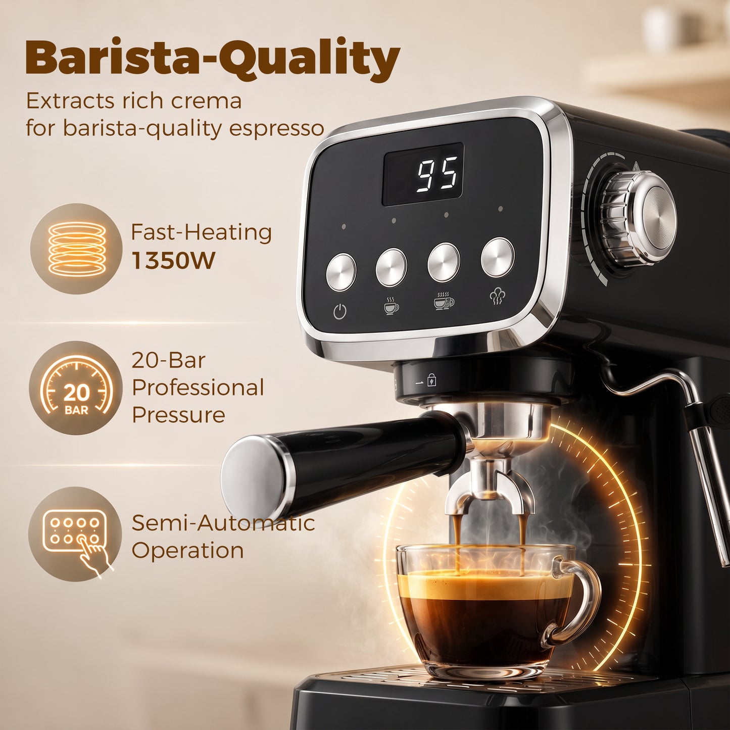 Espresso Machine, 20-Bar Cappuccino Coffee Maker with Frother Wand, 1.2 L Water Tank, Black