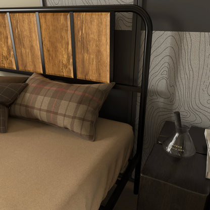 4.8ft Double Bed Frame with Industrial Wood Headboard, Steel Slat Support and 25.5cm Underbed Storage Space, 145 x 197cm