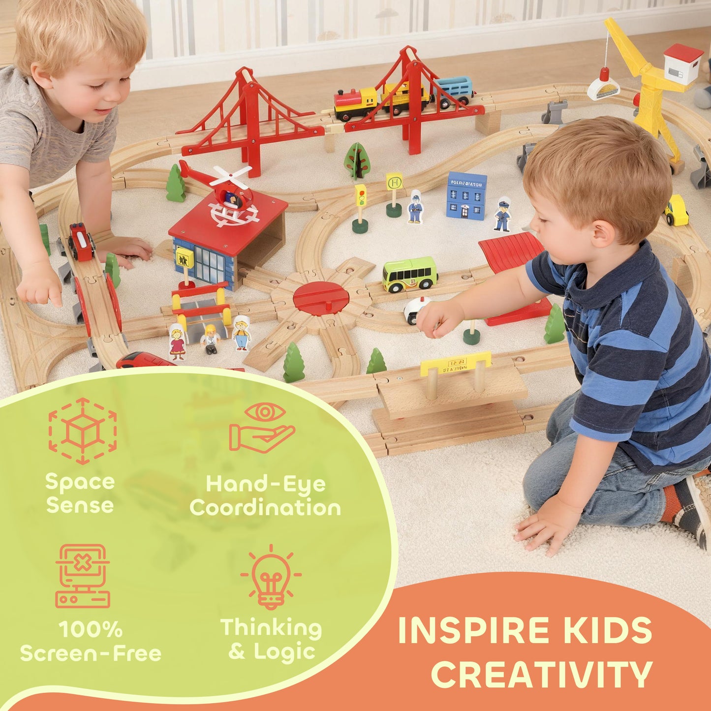 133-Piece Wooden Train Set, Toy Train with Crane, Storage Box, for Kids Ages 3+