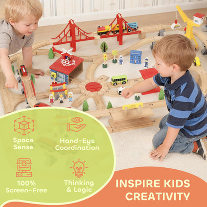 133-Piece Wooden Train Set, Toy Train with Crane, Storage Box, for Kids Ages 3+