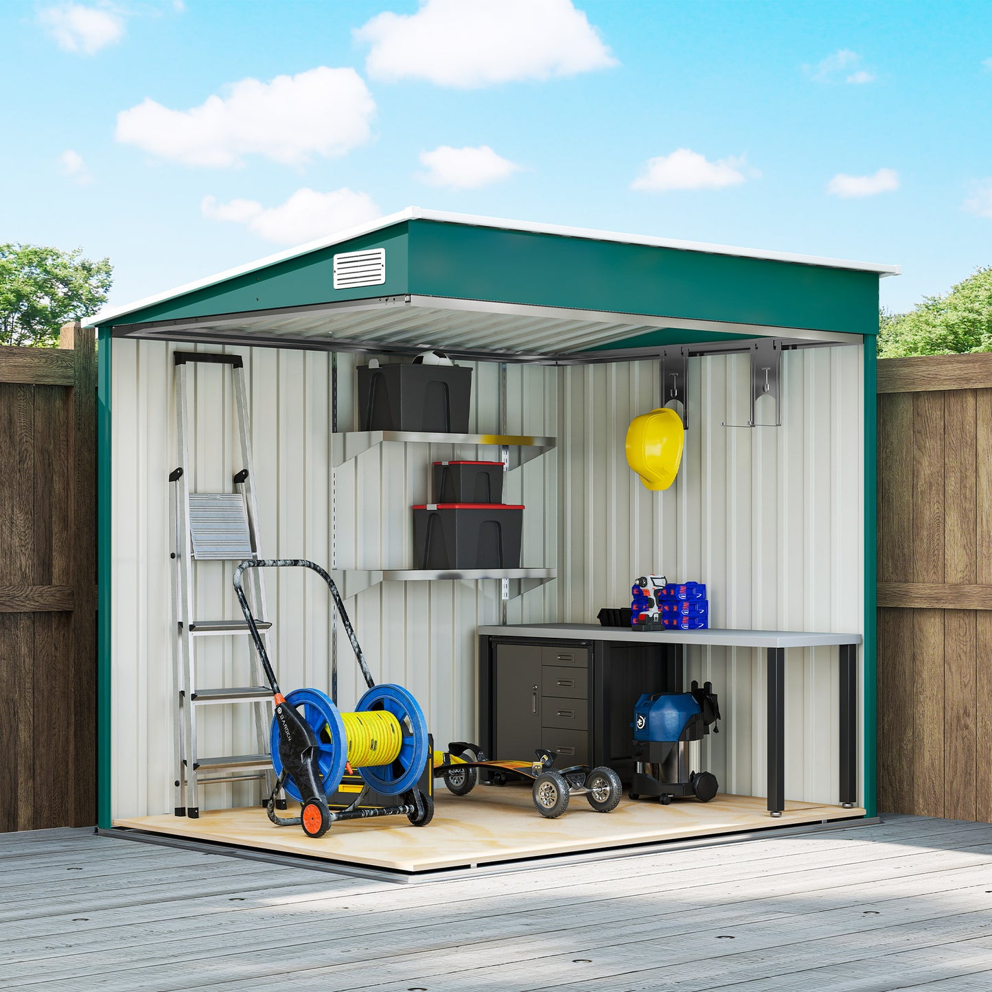 7 x 5ft Galvanised Metal Shed, with Sliding Door - Green