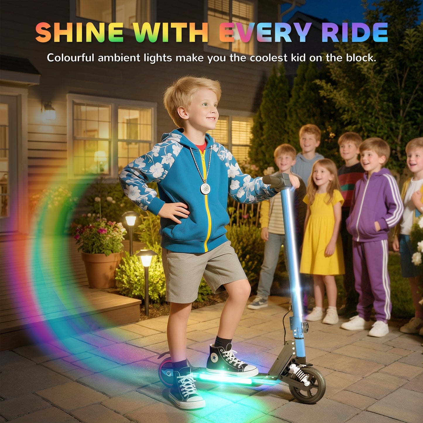 Folding Electric Scooter for Kids, with Dual Brakes, Front Suspension, LED Colourful Lights, Blue