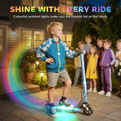 Folding Electric Scooter for Kids, with Dual Brakes, Front Suspension, LED Colourful Lights, Blue