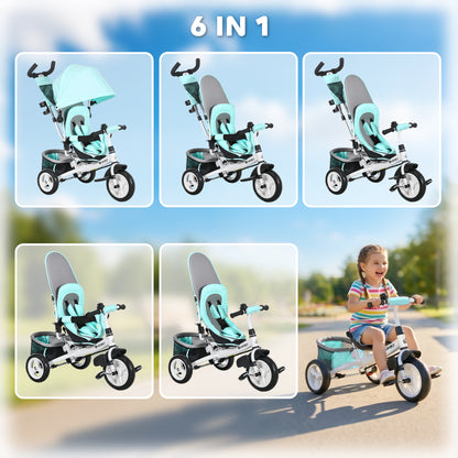 6 in 1 Kids Trike with Parent Handle, Canopy, 5-point Seat Belt, Storage, Footrest, Brake, for 1-5 Years, Green