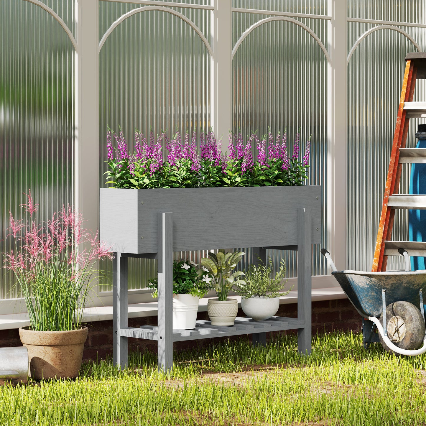 Wooden Two-Tier Raised Planter, Two Drainage Holes, 35L - Grey