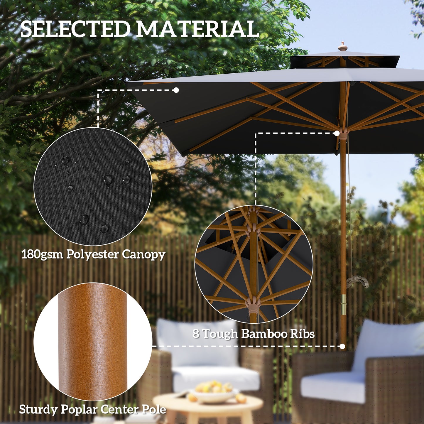 3 m Square Garden Parasol - Black
