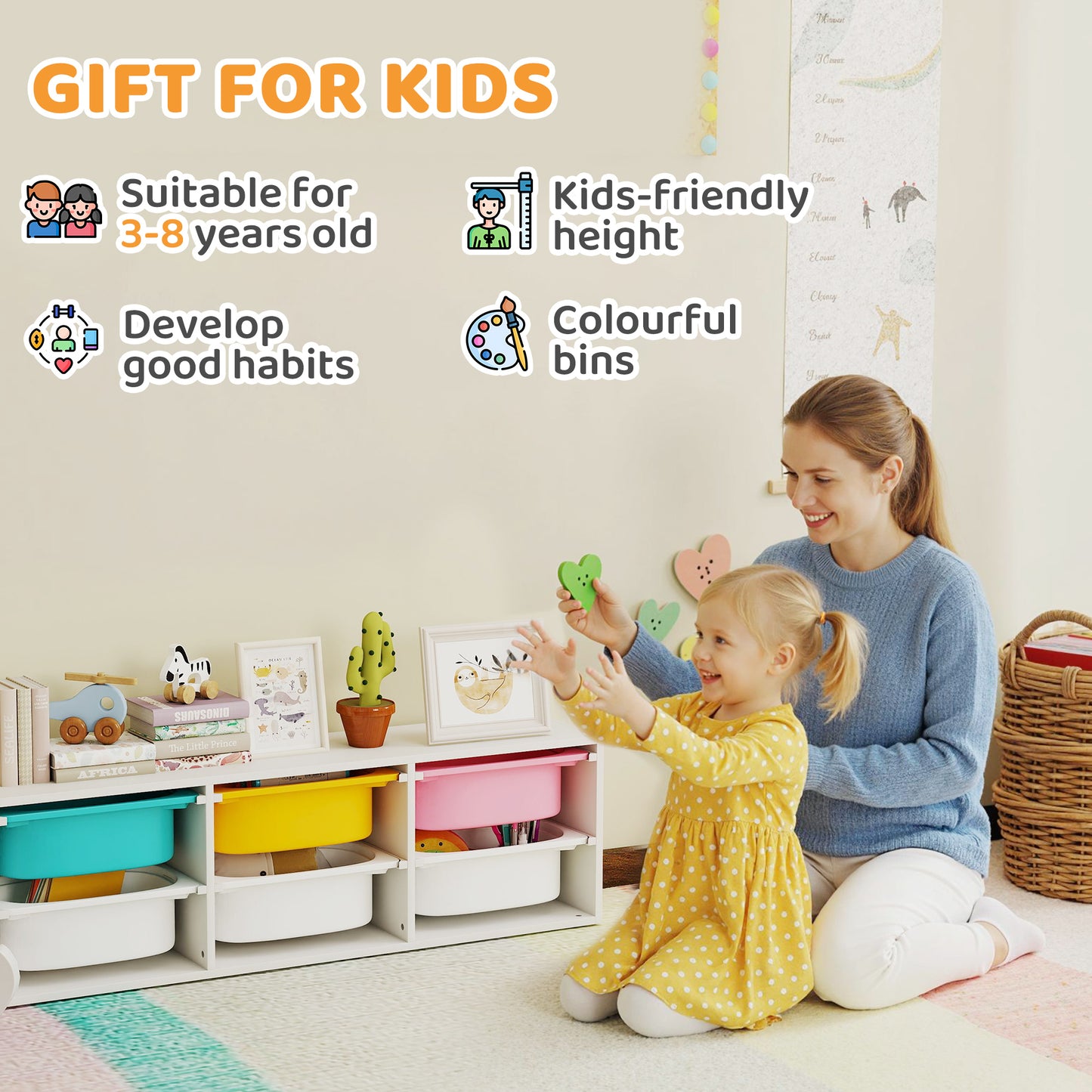 Low Height 2 Tiers Storage Organiser, Kids Toy Storage Unit with 6 Removable Bins for Bedroom, Nursery, Playroom