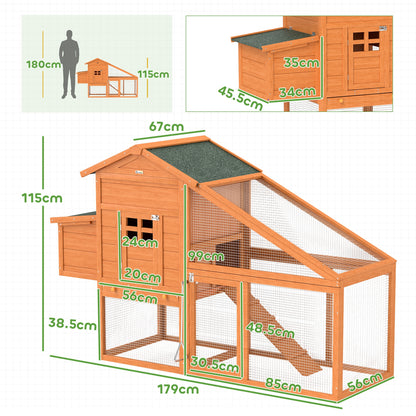 Wooden Chicken Coop with Run, Nesting Box, Slide-out Tray, Ramp, Perches, Asphalt Roof, 179 x 67 x 115cm
