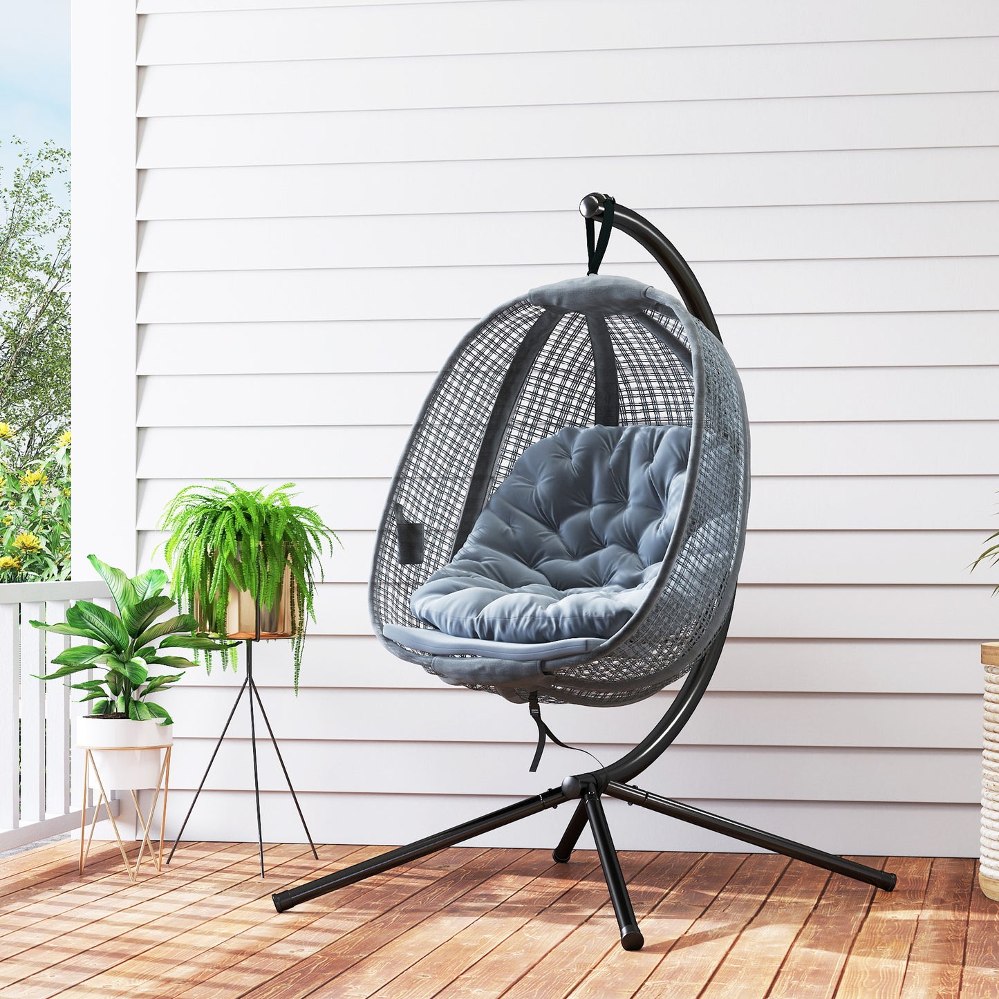 Outdoor Swing Chair with Thick Padded Cushion, Patio Hanging Chair with Metal Stand, Egg Chair with Foldable Basket