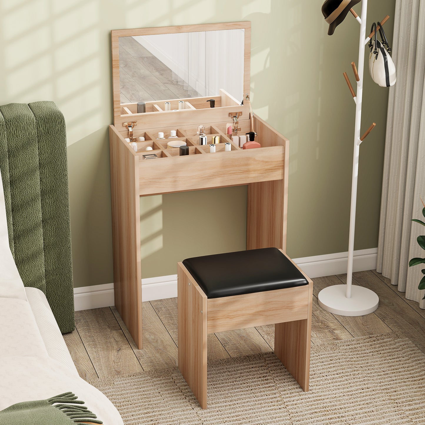 Dressing Table with Mirror and Stool, Vanity Makeup Table with Flip Up Mirror, Vanity Desk with Storage Unit and Padded Seat