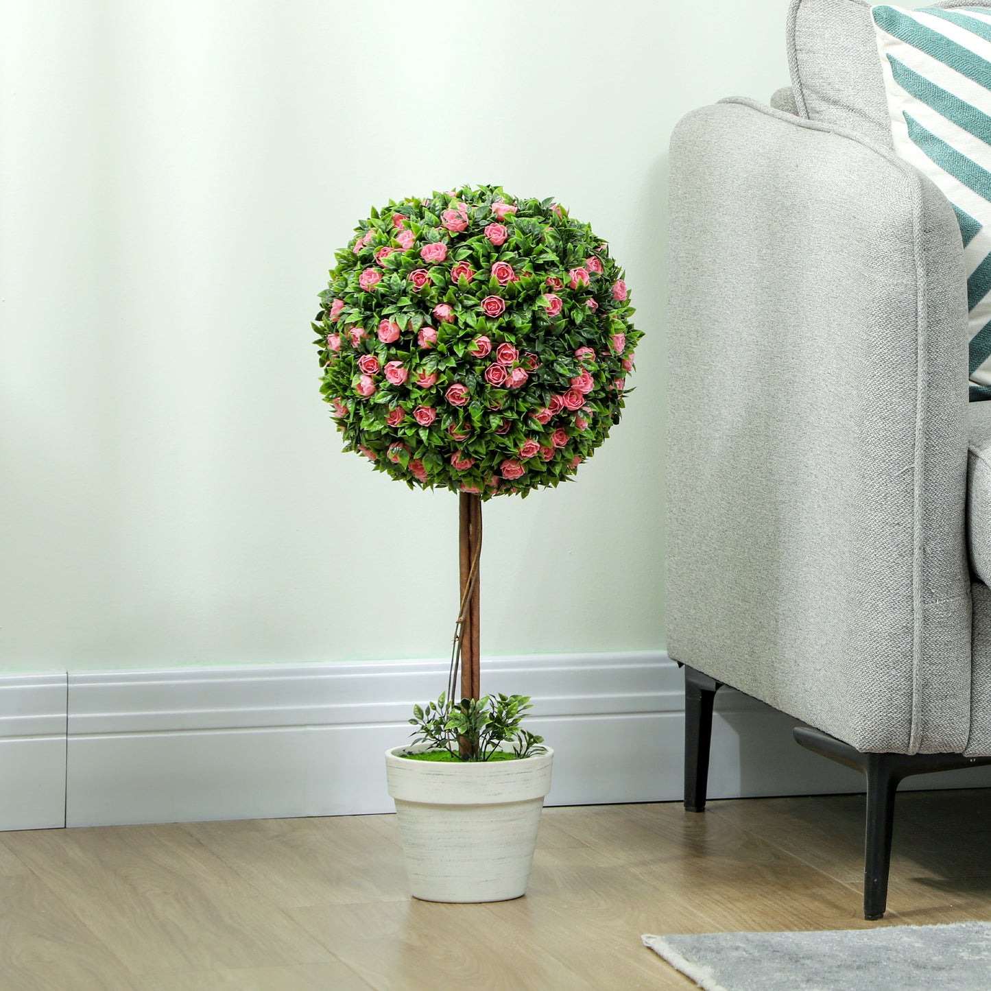 Set of 2 Decorative Artificial Plants, Ball Topiary Tree with Rose Flower in Pot, Fake Plants for Home Indoor Outdoor Decor