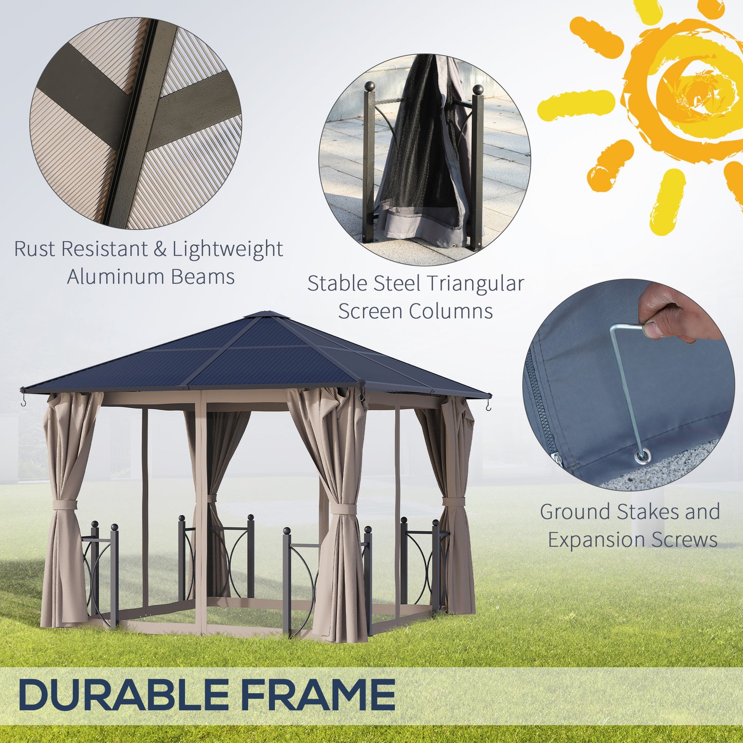 3 x 3(m) Hardtop Gazebo Canopy with Polycarbonate Roof, Alloy Aluminium Frame, Black