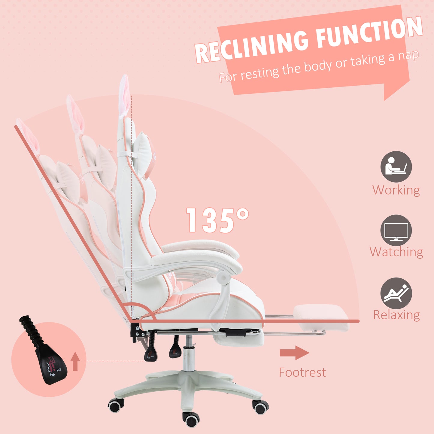 Racing Gaming Chair, Reclining PU Leather Computer Chair with Removable Rabbit Ears, Footrest, Headrest and Lumber Support