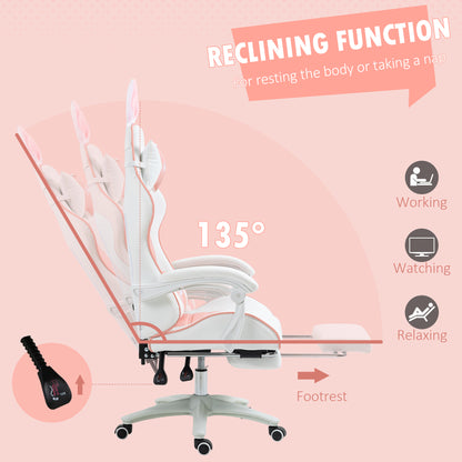 Racing Gaming Chair, Reclining PU Leather Computer Chair with Removable Rabbit Ears, Footrest, Headrest and Lumber Support