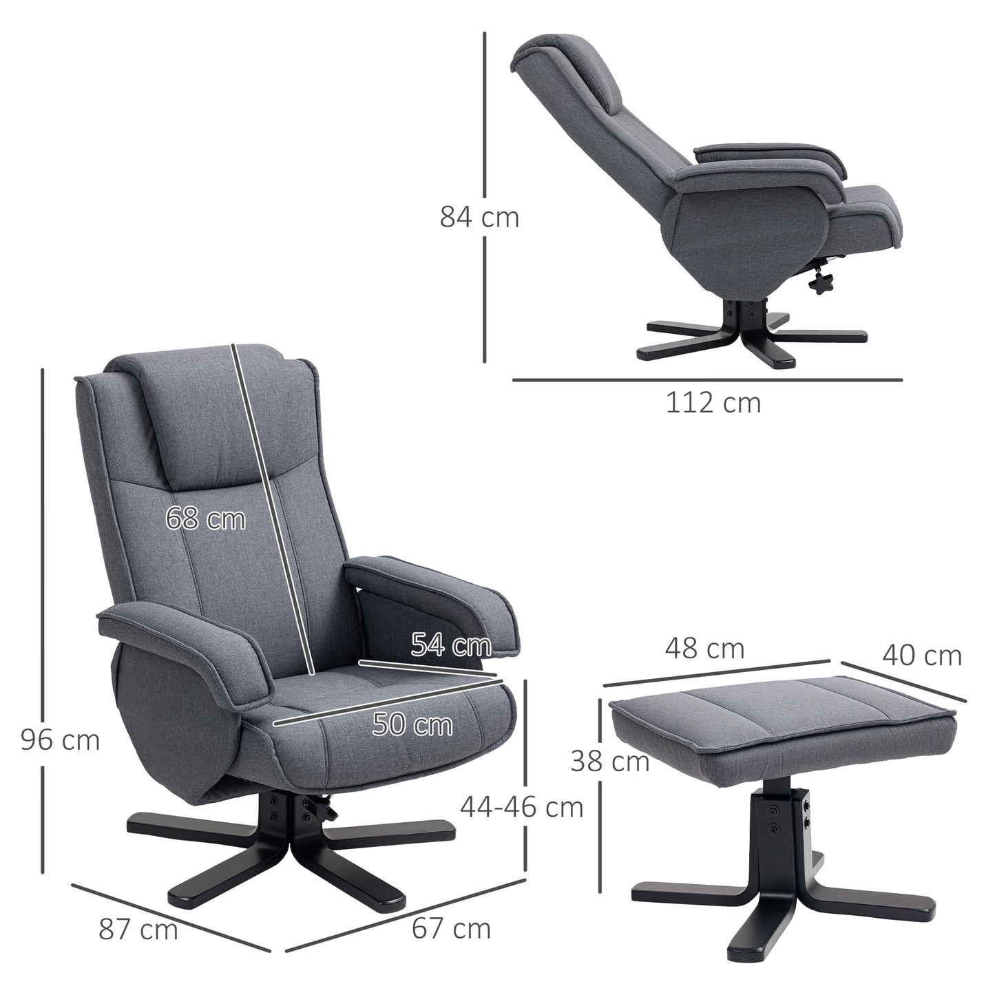 Swivel Recliner Chair with Footstool - Charcoal Grey Linen