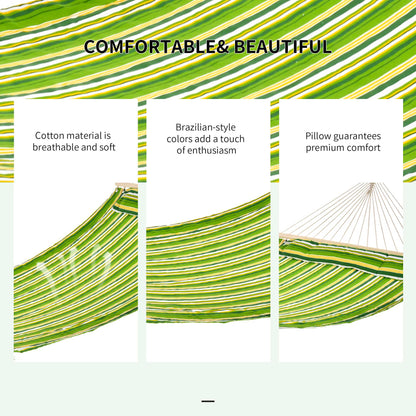 Double Cotton Hammock Camping Swing Outdoor Garden Beach Stripe Hanging Bed with Pillow, 188 x 140 cm, 180 KG Capacity, Green