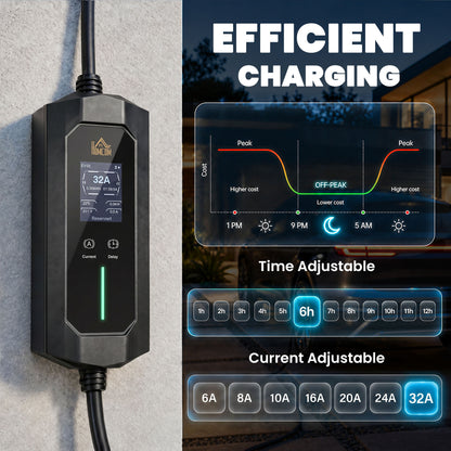 EV Charger 7kW Type 2 to CEE 32A Plug with UK Adapter, 10 m, 6-32A, Electric Car Charger w/ 1-12 h Time Delay