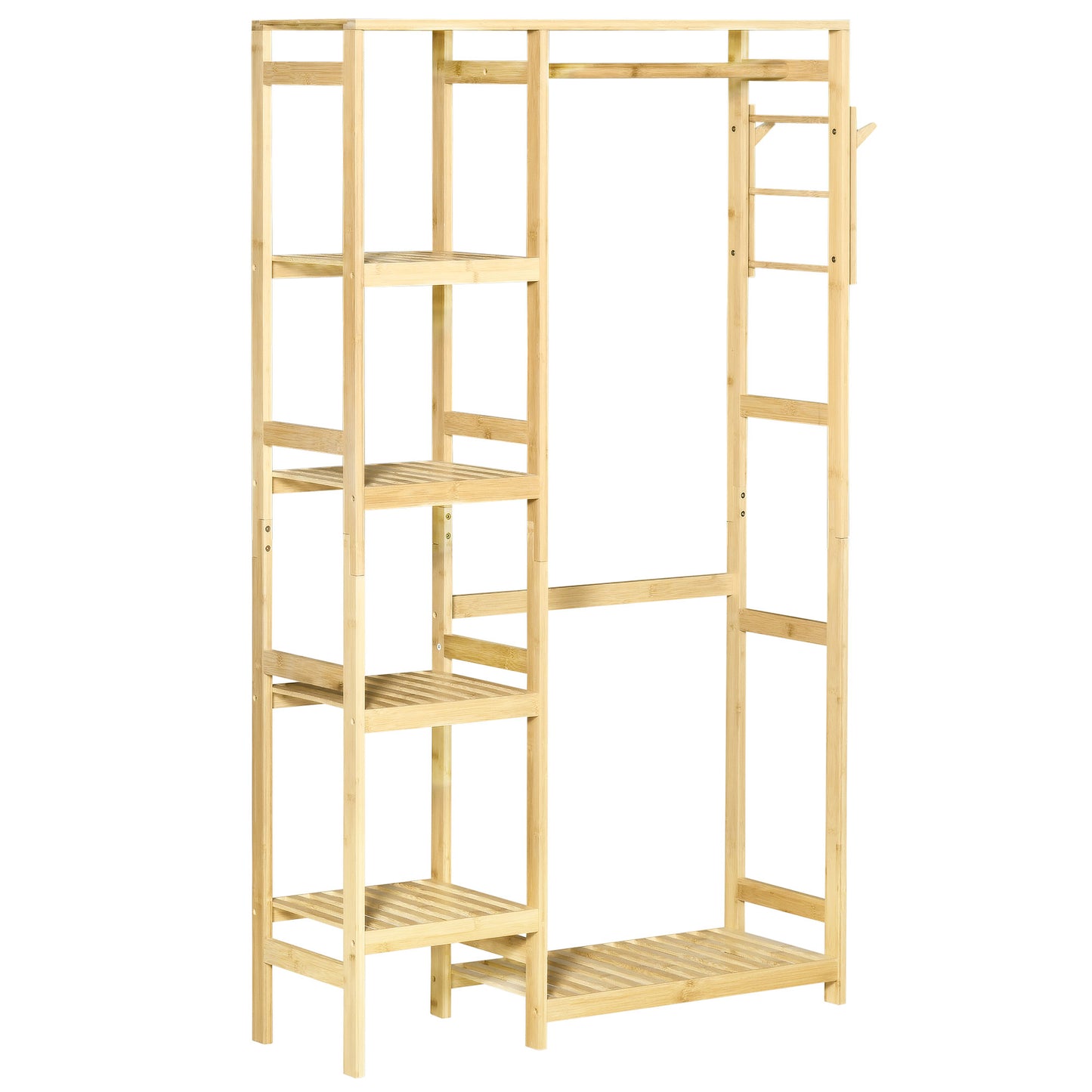Bamboo Garment Rack, Clothes Rack with Storage Shelf, Hanging Rail and Side Hooks for Entryway, Bedroom, Bathroom and Office