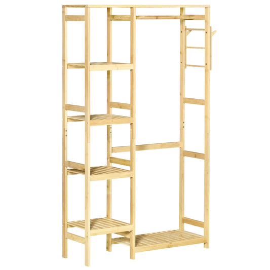 Bamboo Garment Rack, Clothes Rack with Storage Shelf, Hanging Rail and Side Hooks for Entryway, Bedroom, Bathroom and Office