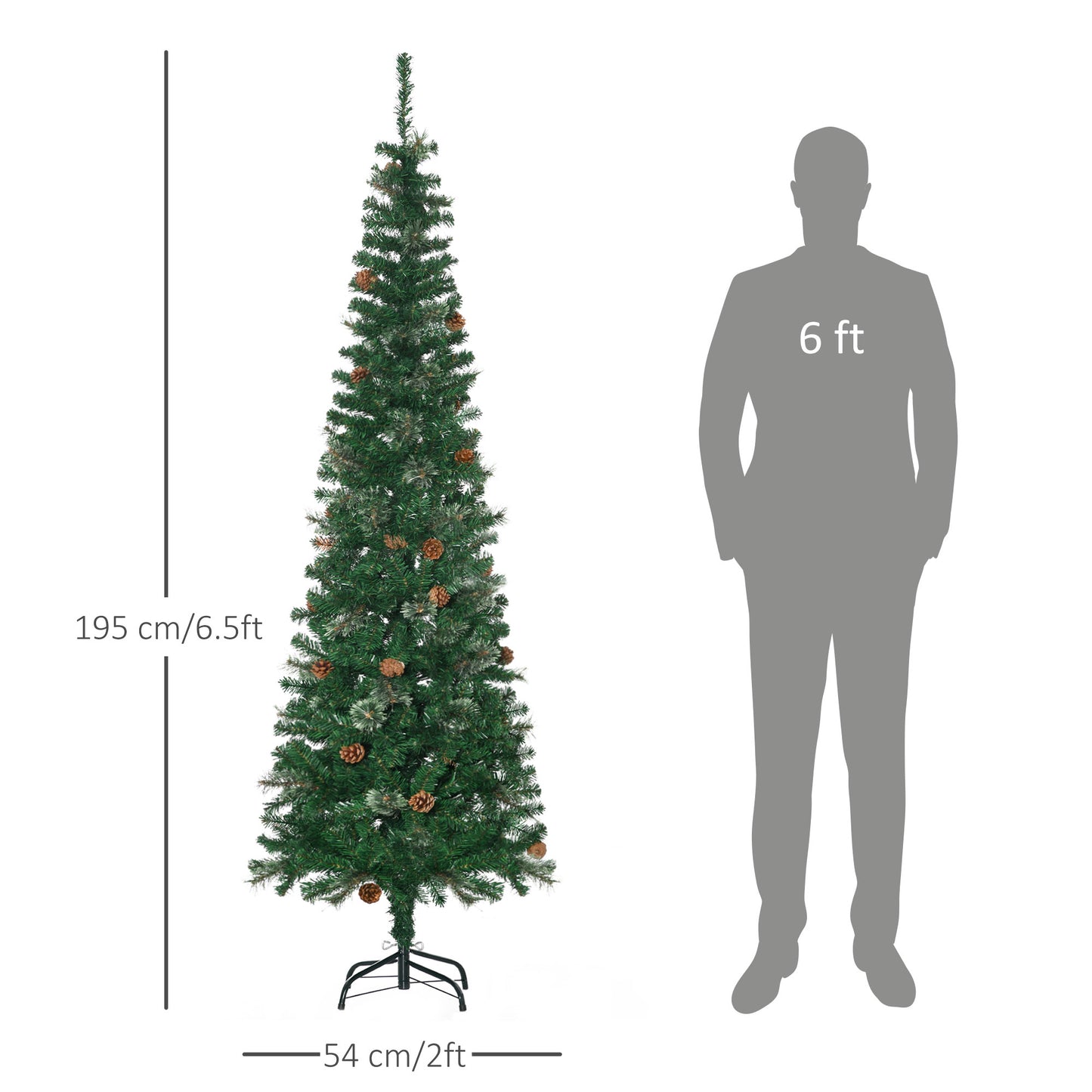 6.5FT Tall Pencil Slim Artificial Christmas Tree with Realistic Branches, Tip Count and Pine Cones, Pine Needles Tree