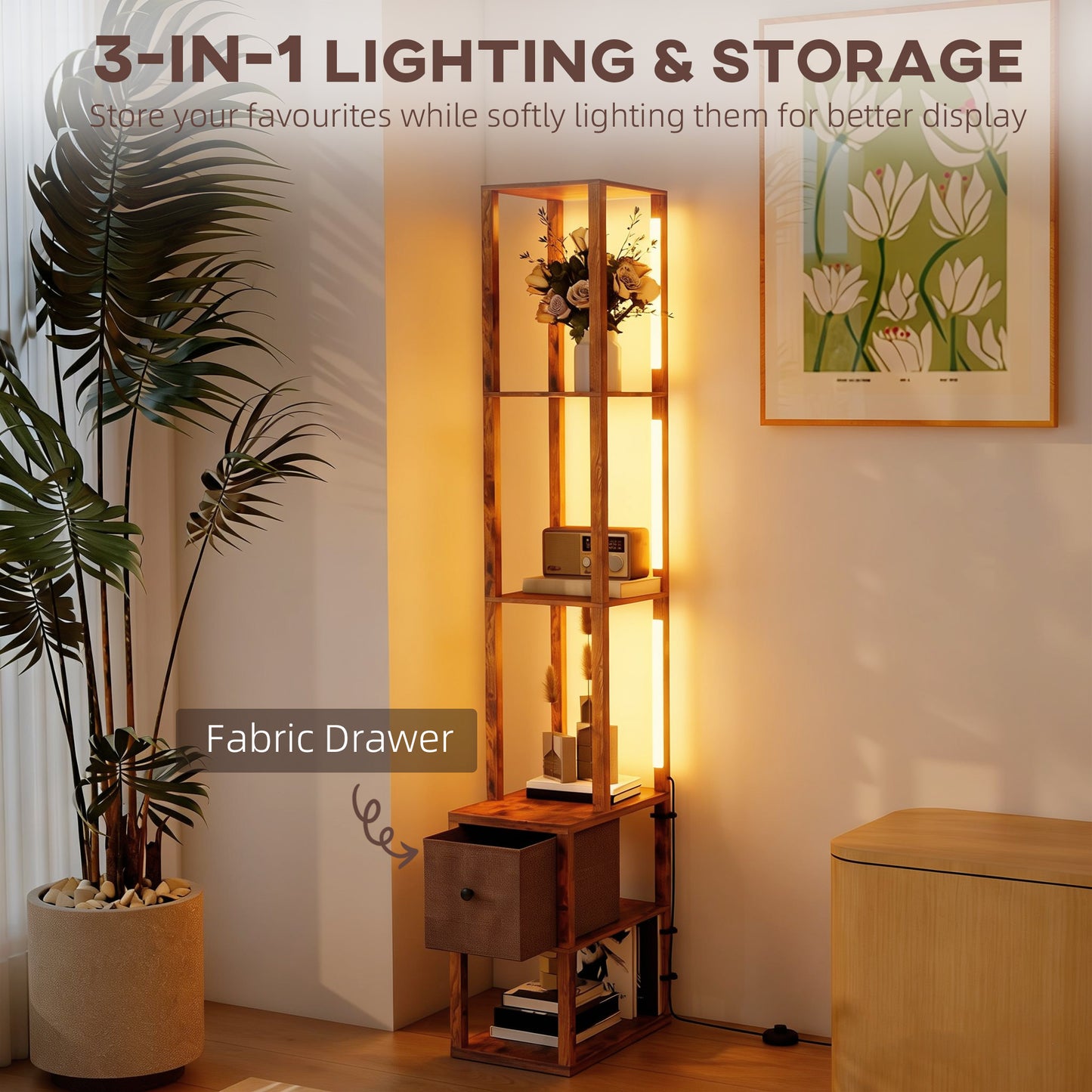 Floor Lamp with Shelves, LED Column Modern Standing Lamp with Fabric Drawer, Adjustable Brightness, Rustic Brown