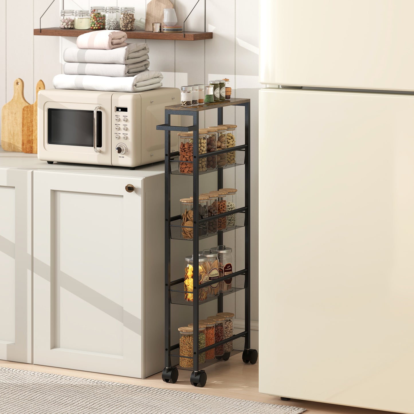 Slim Storage Trolley, 5-Tier Kitchen Cart on Wheels with Wood-effect Top, Handle for Living Room, Bathroom, Black