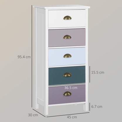 Slim Storage Cabinet Organiser, Chest of Drawers, 5-Drawer Dresser with Metal Handle for Living Room, Bedroom, Blue
