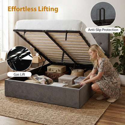 Double Bed Frame Gas End Lift Under Bed Storage Upholstered Platform Bed Tufted Headboard for 140 x 190 cm Mattress