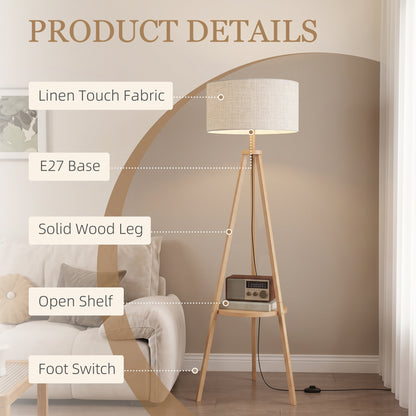 Bedside Light, Tripod Floor Lamp with Storage Shelf and Linen Shade for Living Room, 160cm, Natural Wood Colour