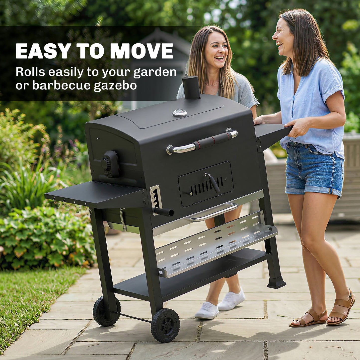 Charcoal BBQ Grill Smoker with Electric Rotisserie Kit, Portable Barbecue Grill with Warming Rack, Black