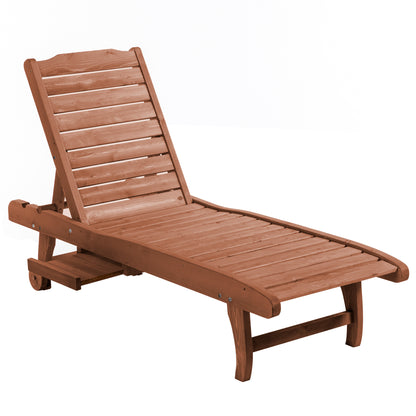 Outdoor Wooden Lounger Chair, Sun Bed with Built-In Table, Adjustable Backrest and Wheels, Red Brown