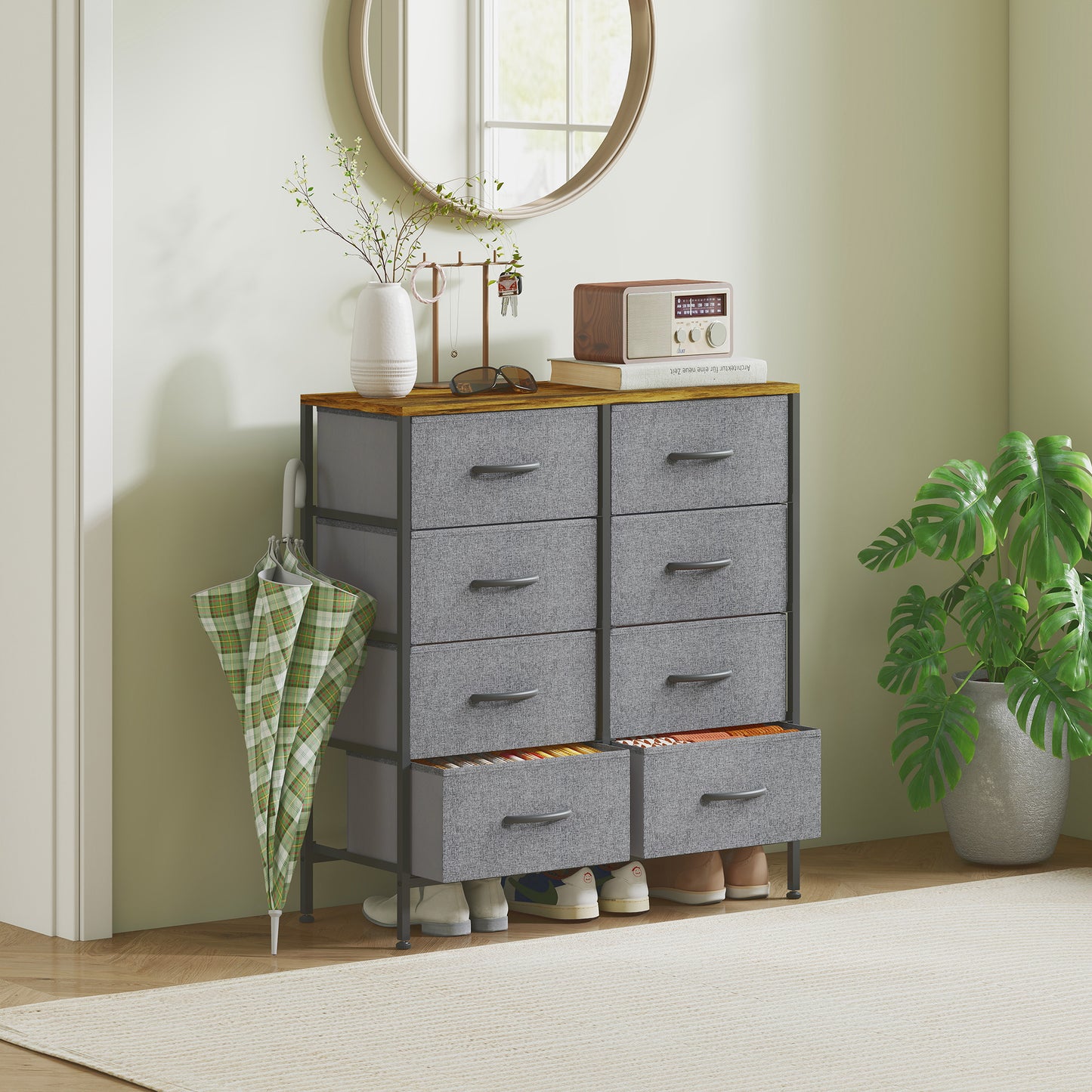 Fabric Chest of Drawers, Industrial Bedroom Dresser with 8 Fabric Drawers, Steel Frame and Wooden Top for Nursery
