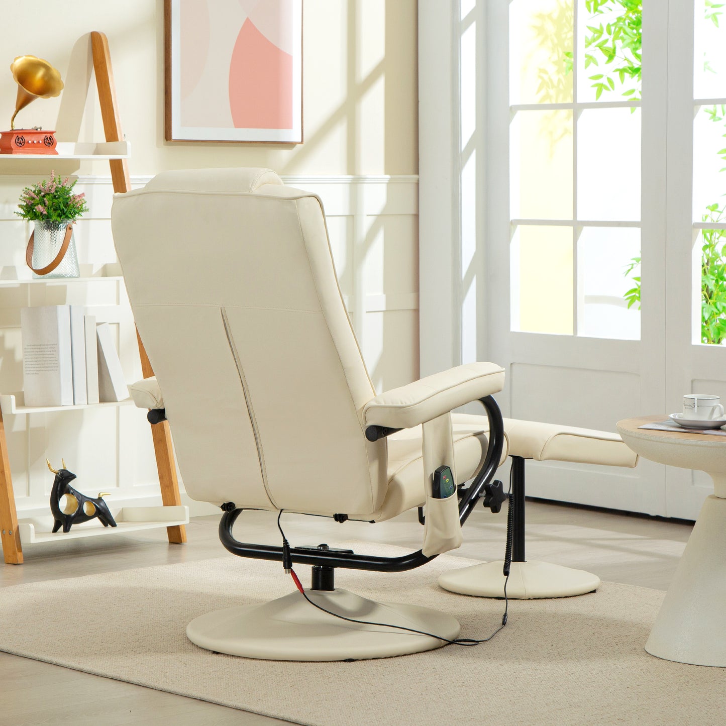 Swivel Recliner Chair and Footstool, Faux Leather Massage Recliner Armchair with Remote Control and Round Wrapped Base