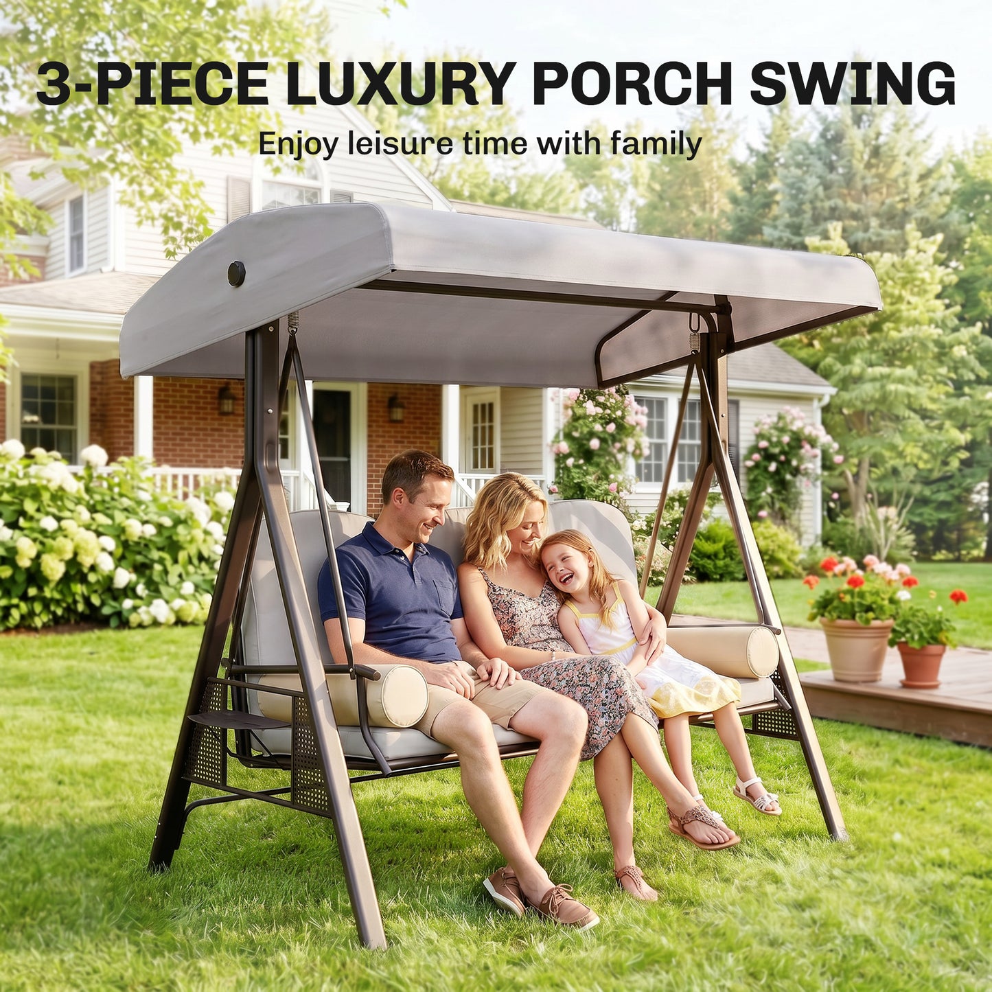 3 Seater Canopy Swing Chair, Outdoor Garden Swing Seat with Adjustable Canopy, Cushions and Cup Trays, Steel Frame