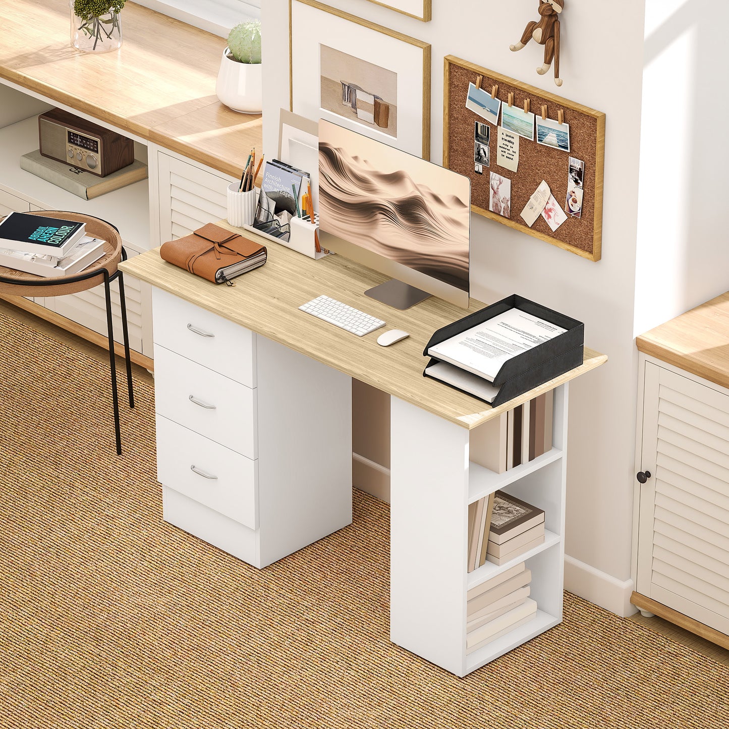 Computer Desk with Drawers, Home Office Desk, Writing Table, PC Workstation with 3 Storage Shelves for Working, Study