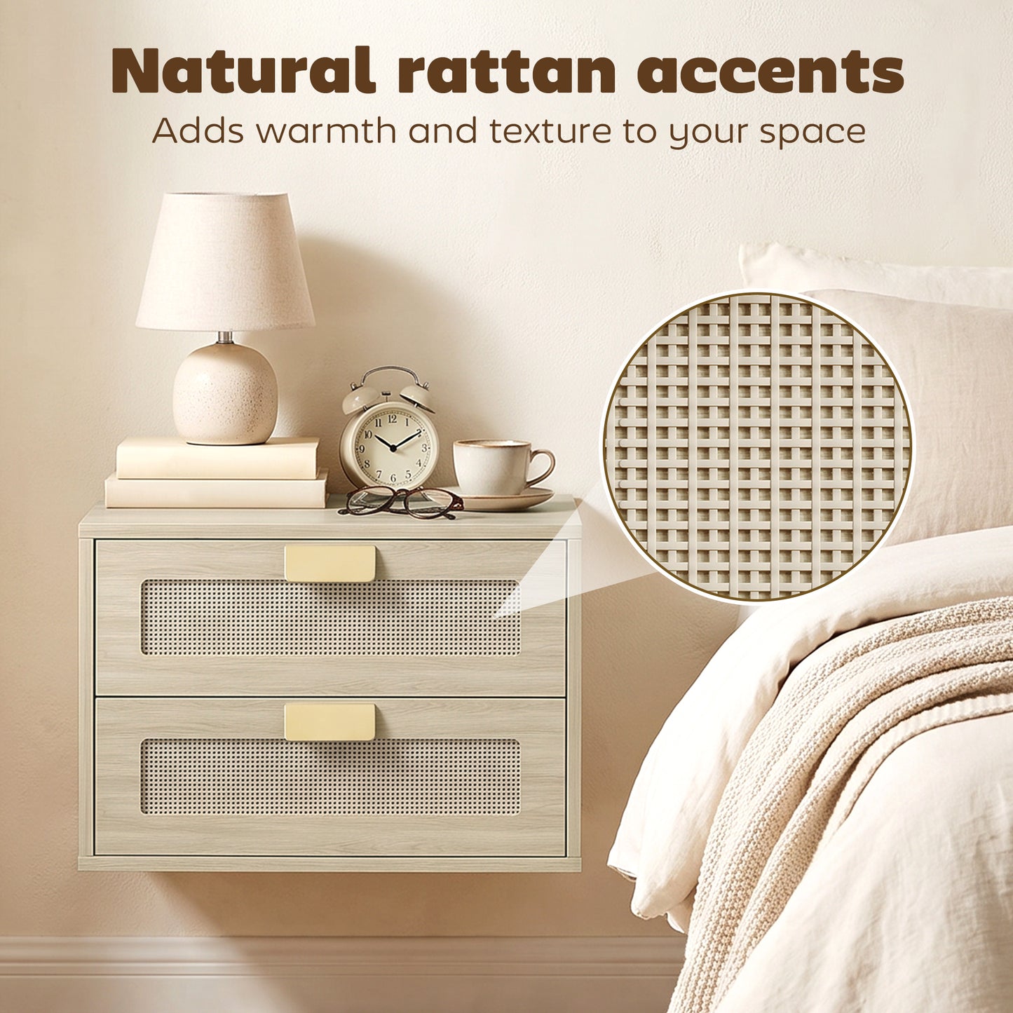 Modern Floating Nightstands Set of 2, Wall Mounted Bedside Tables with 2 Drawers, Oak