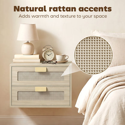 Modern Floating Nightstands Set of 2, Wall Mounted Bedside Tables with 2 Drawers, Oak