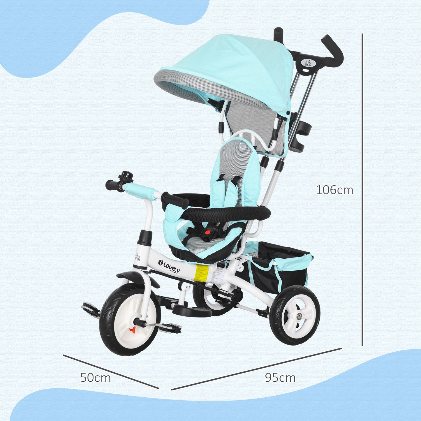 6 in 1 Kids Trike Push Bike w/ Push Handle, Canopy, 5-point Seat Belt, Storage, Footrest, Brake, for 1-5 Years, Green