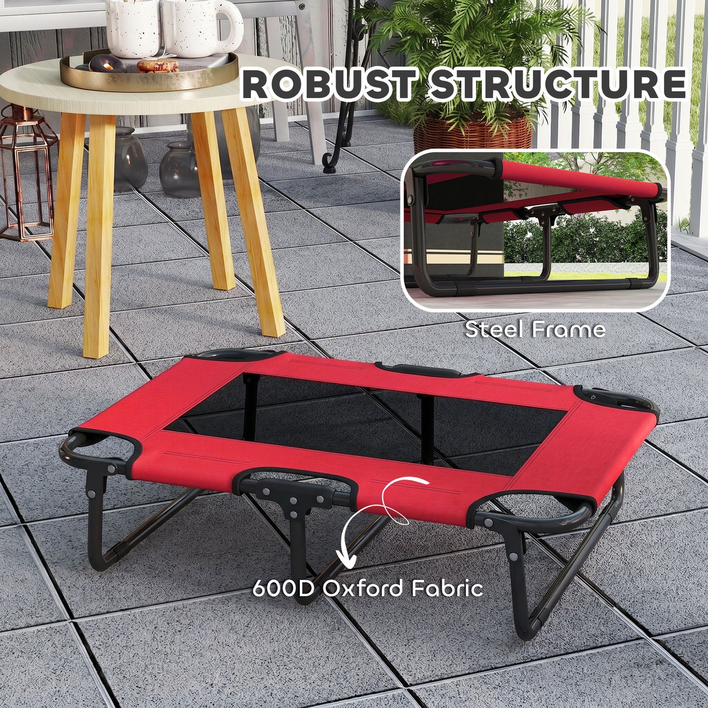 Portable Raised Dog Bed, Elevated Pet Cot with Breathable Mesh for Indoor Outdoor, for Small Medium Dogs, Red