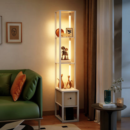 Floor Lamp with Shelves, LED Column Modern Standing Lamp with Fabric Drawer, Adjustable Brightness