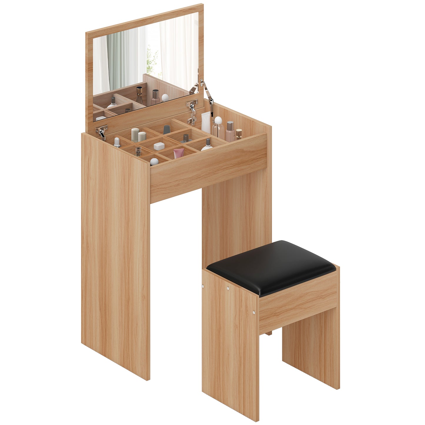 Dressing Table with Mirror and Stool, Vanity Makeup Table with Flip Up Mirror, Vanity Desk with Storage Unit and Padded Seat