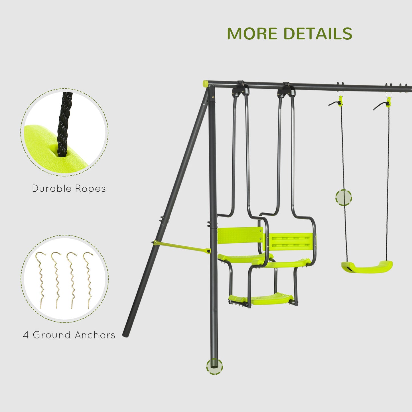 Metal Garden Swing Set with Double Swings, Glider, Swing Seats - Green