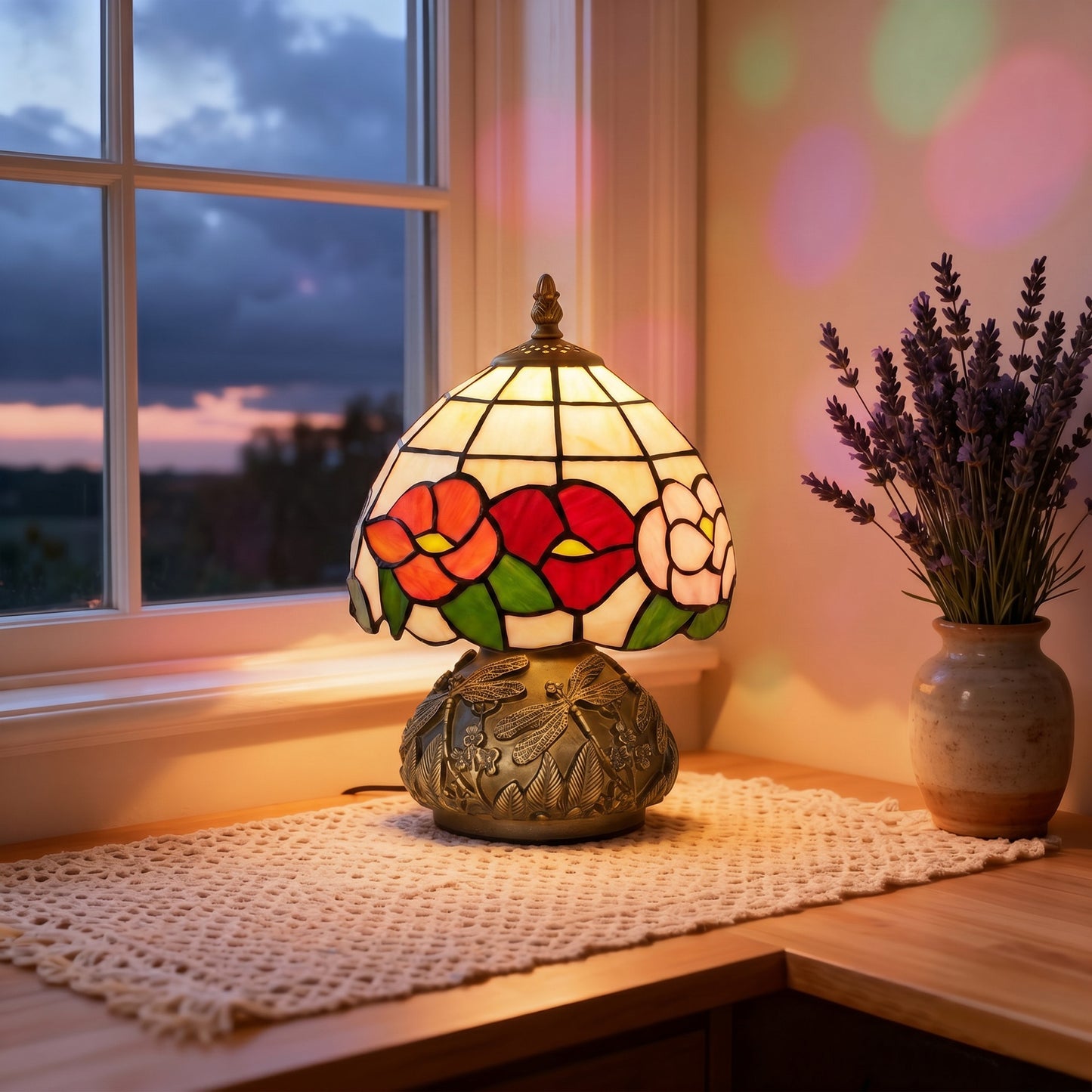 Handcrafted Classic Stained Glass Bedside Lamp, Tiffany-Style Table Lamp with Sculpted Dragonfly Base, Multi-Coloured