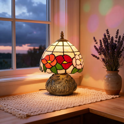 Handcrafted Classic Stained Glass Bedside Lamp, Tiffany-Style Table Lamp with Sculpted Dragonfly Base, Multi-Coloured