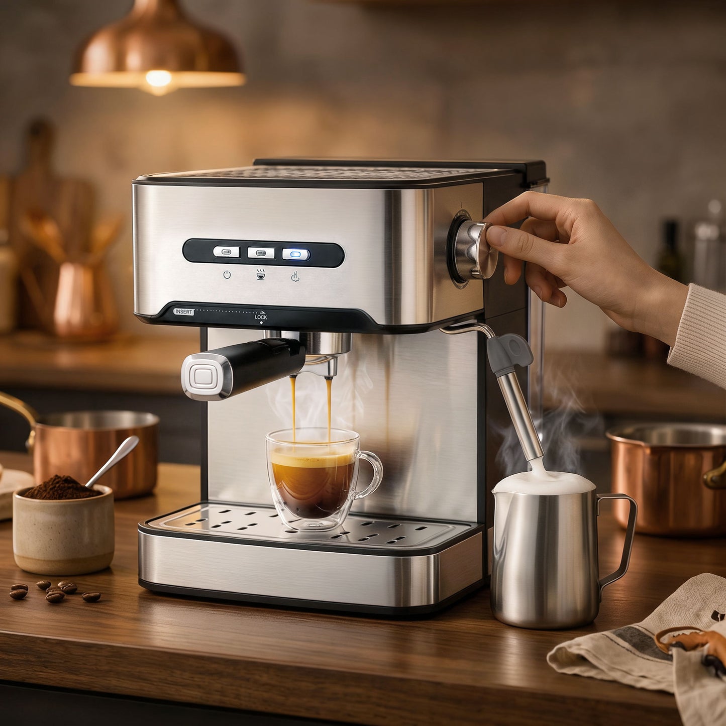 Espresso Machine, 20-Bar Semi Automatic Cappuccino Coffee Maker with Frother Wand, 1.6 L Water Tank, Black and Silver