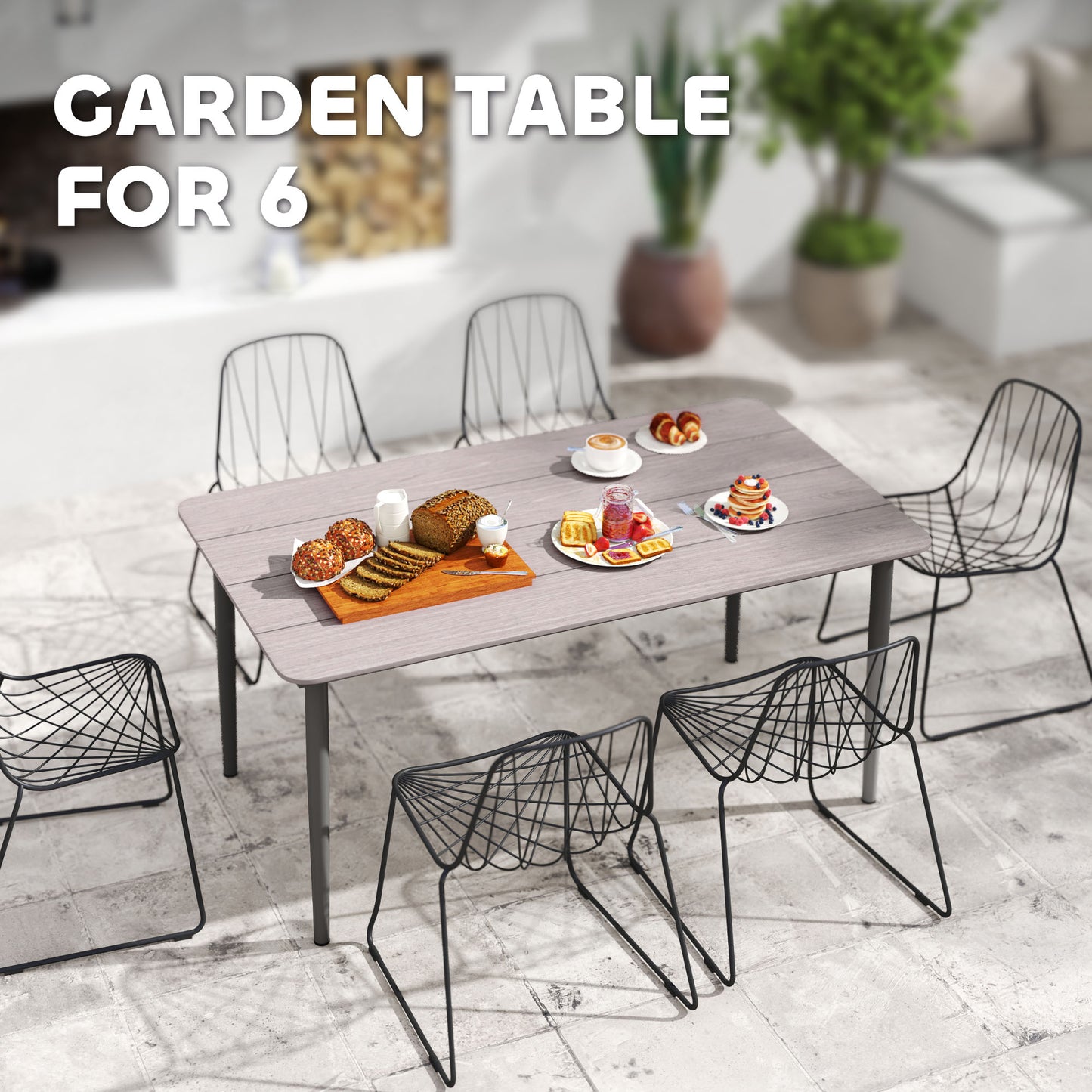 Garden Table, Outdoor Dining Table for 6 People, 160 x 90 x 74 cm, with Rust Resistant Metal Frame, WPC Top, for Balcony