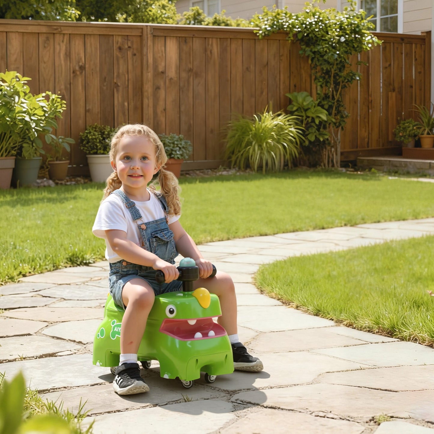 Kids Ride On Car, Dinosaur Foot to Floor Slider with Storage, Toddler Walker with Light, Sounds, Green
