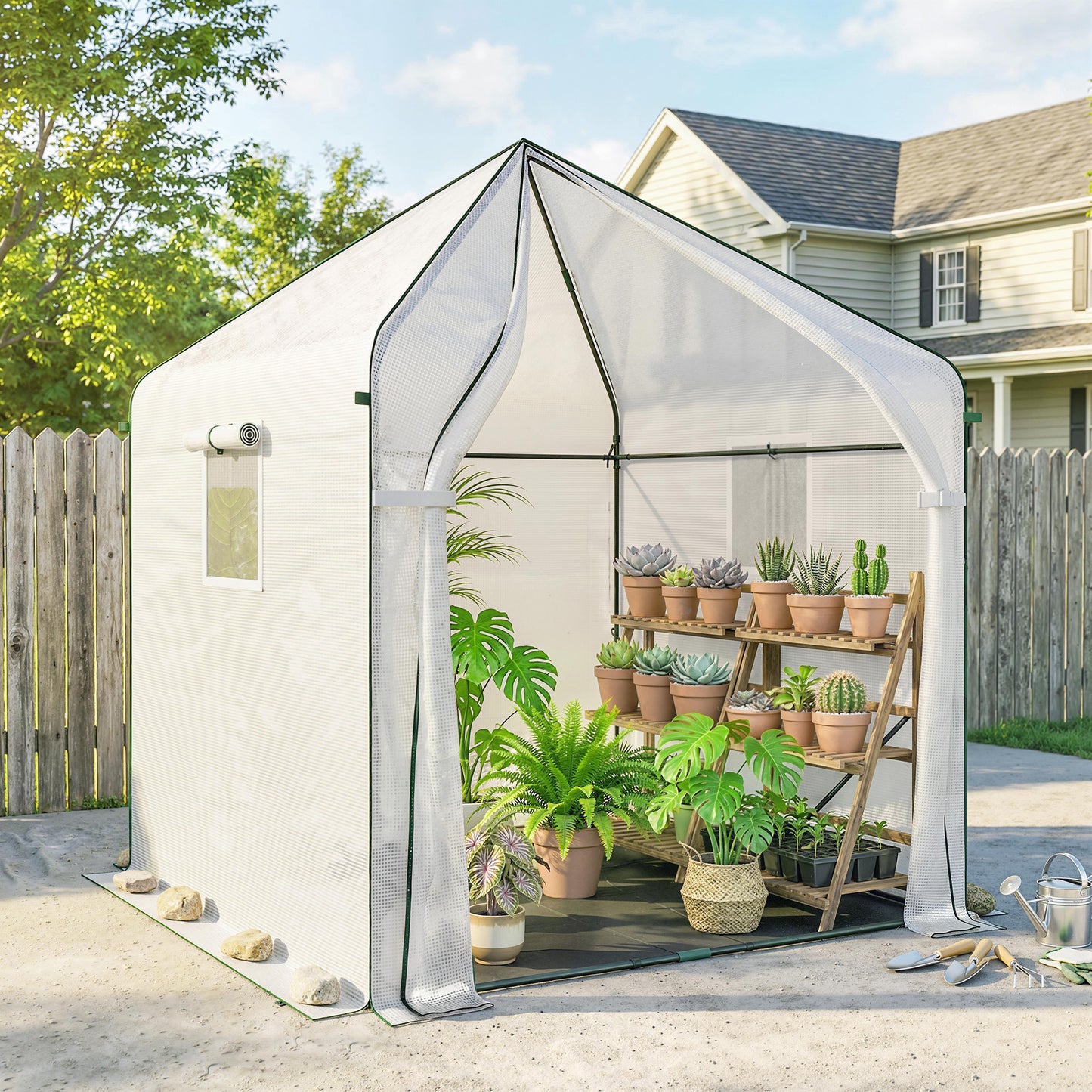 Walk-in Greenhouse for Outdoors with Steel Frame, Large Plant House with Roll-up Door and PE Ground Cover, White