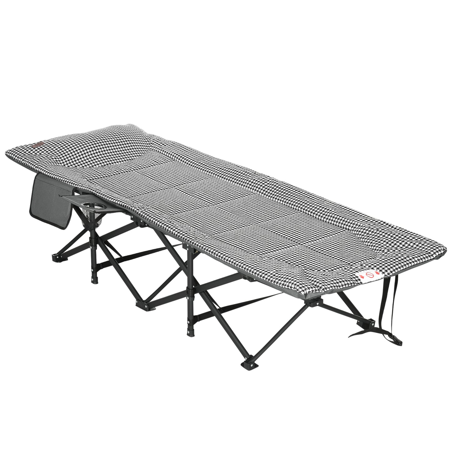 Foldable Camp Bed, Padded Patio Camping Bed with Carry Bag, Magazine Bag and Cup Holder for Outdoor, Garden, Black